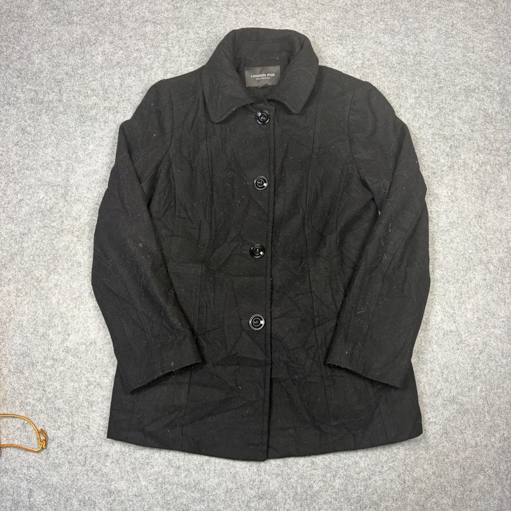 London Fog Collection Black Wool Blend Pea Coat Jacket Womens Medium